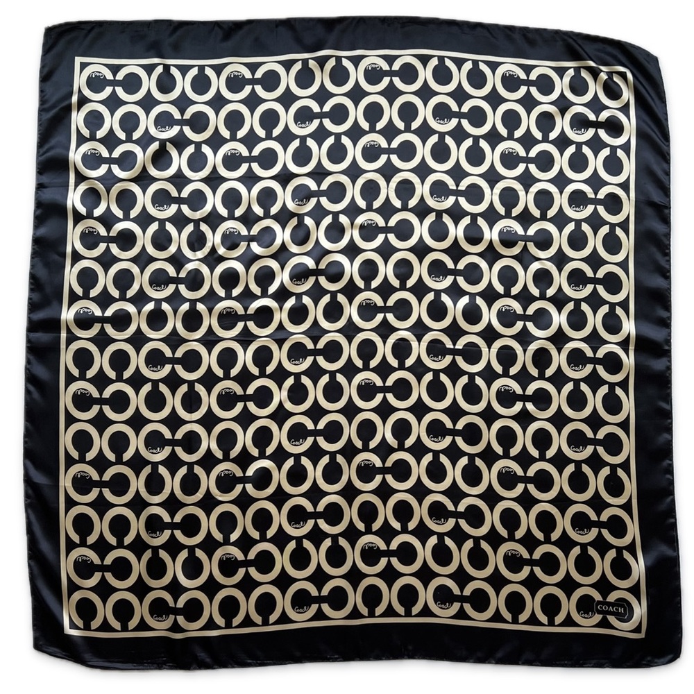 Coach Silk Scarf Black/Champagne Gold Op Art Signature C Monogram